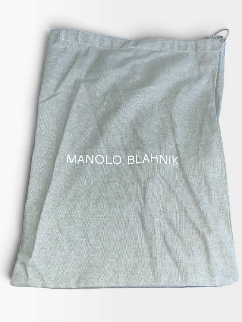 Manolo Blahnik gray white cotton drawstring dust bag 10x 13.5"